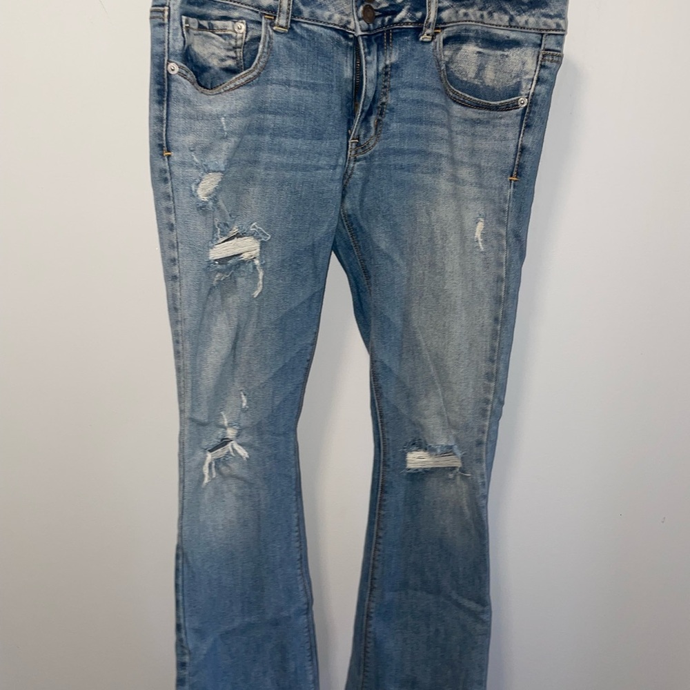 American Eagle Outfitters Blue Boot Cut Jeans with Distressed Details